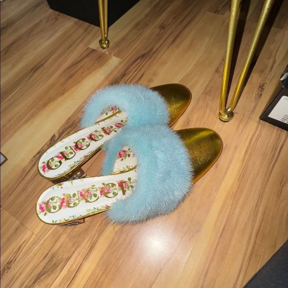Gucci Women's Gold and Light Blue Fur Slippers